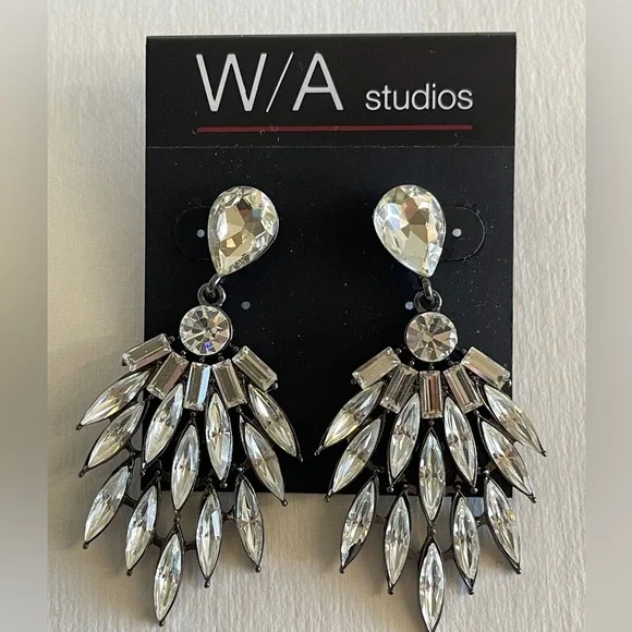 NWT WA Studios Crystal Silver Statement Earrings - Picture 2 of 5